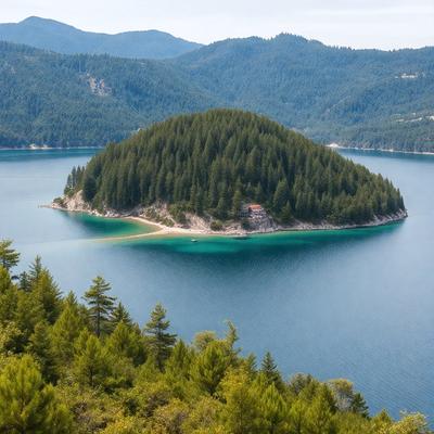The primary subject of the image is a small island in the middle of a large body of water. The island is surrounded by trees, giving it a lush and serene appearance. The setting is a beautiful lake, with the island being the focal point. The visual style of the image is a photo, capturing the natural beauty of the island and its surroundings. The colors and mood of the image are predominantly green and serene, creating a peaceful and tranquil atmosphere.